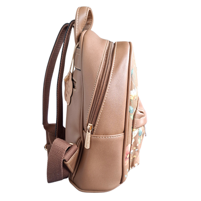 Cotton Road Backpack: KHAKI PU Leather Mini Backpack with FLORAL Panel  SIDE VIEWED