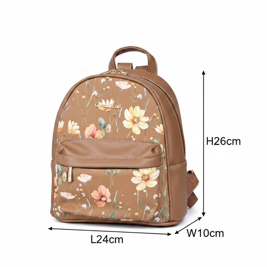Cotton Road Backpack: KHAKI PU Leather Mini Backpack with FLORAL Panel SIZE