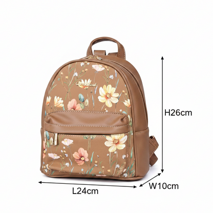 Cotton Road Backpack: KHAKI PU Leather Mini Backpack with FLORAL Panel SIZE