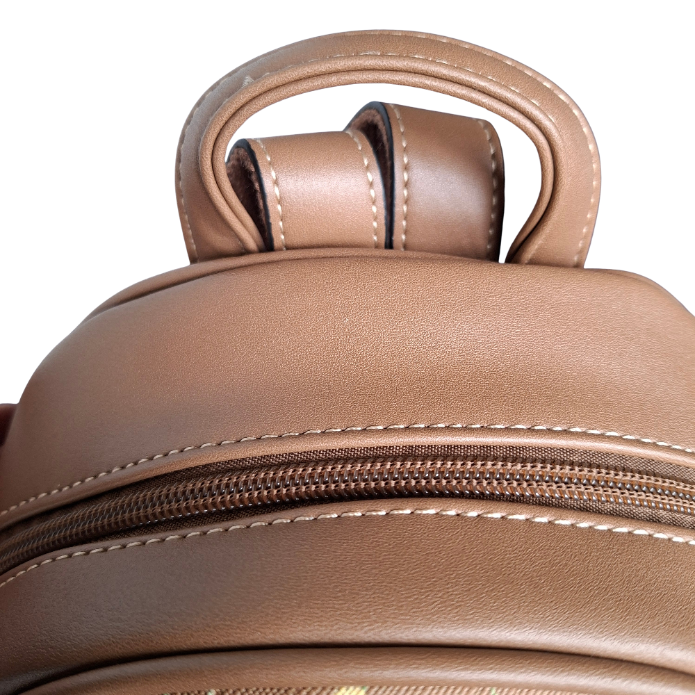 Cotton Road Backpack: KHAKI PU Leather Mini Backpack with FLORAL Panel  TOP