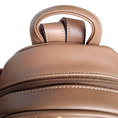 Cotton Road Backpack: KHAKI PU Leather Mini Backpack with FLORAL Panel  TOP