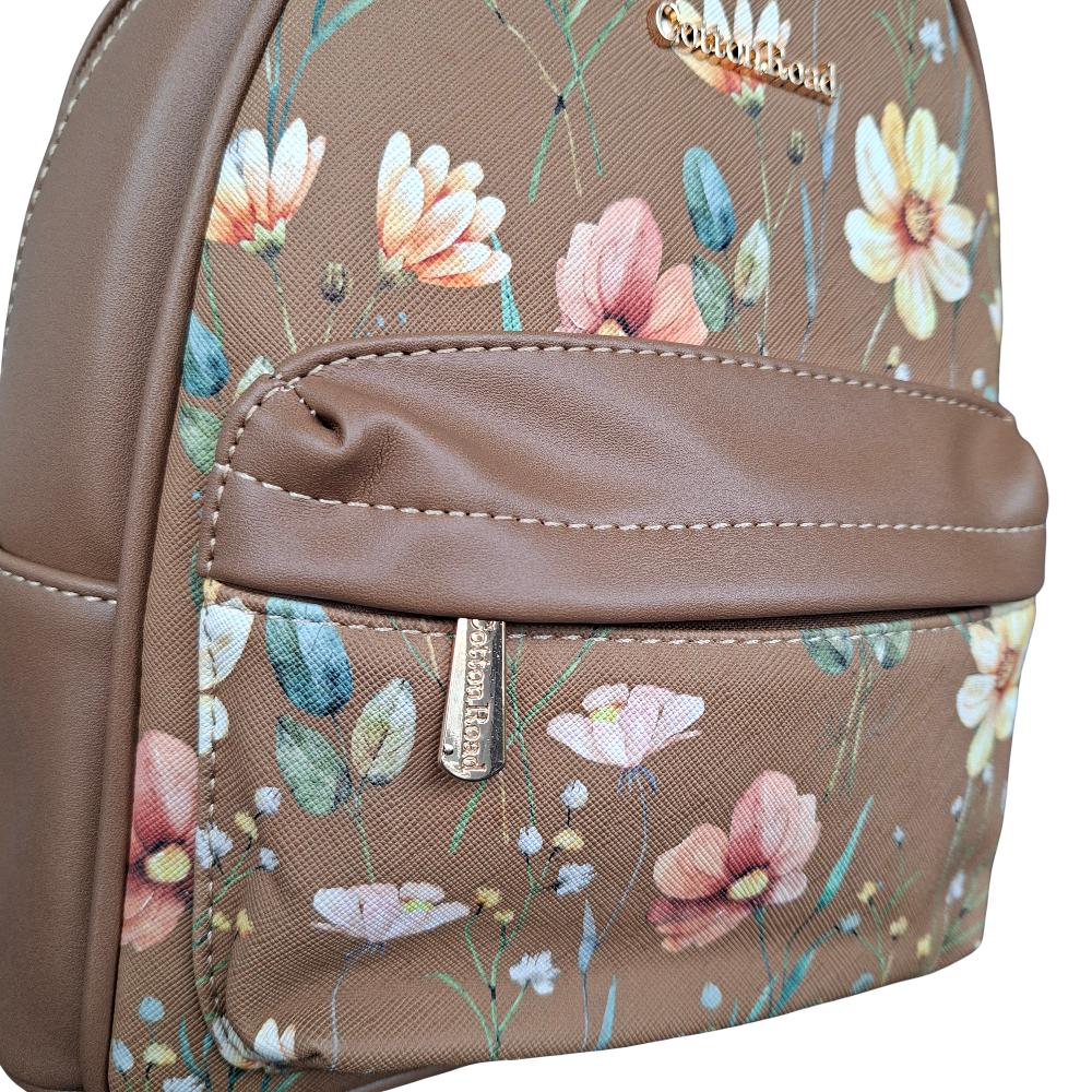 Cotton Road Backpack: KHAKI PU Leather Mini Backpack with FLORAL Panel  VIEW
