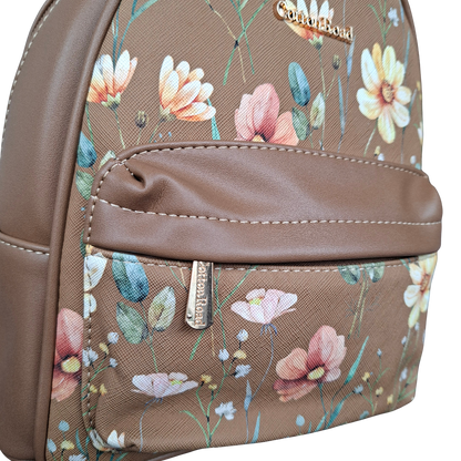 Cotton Road Backpack: KHAKI PU Leather Mini Backpack with FLORAL Panel  VIEW