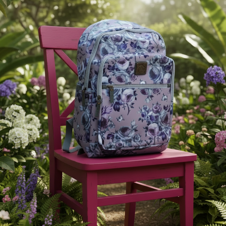 Cotton Road Backpack: LILAC PVC Laptop Backpack with Floral Print HERO