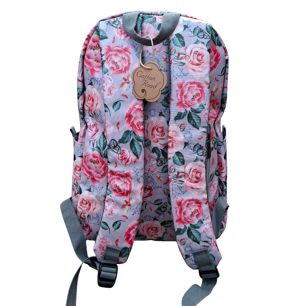 Cotton Road Backpack: PINK PVC 15.6" Laptop Backpack with Rose Print BACK STRAPS