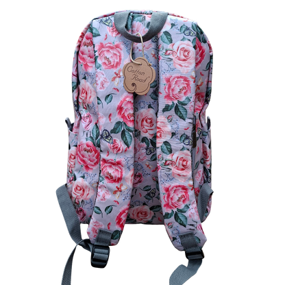 Cotton Road Backpack: PINK PVC 15.6" Laptop Backpack with Rose Print BACK STRAPS