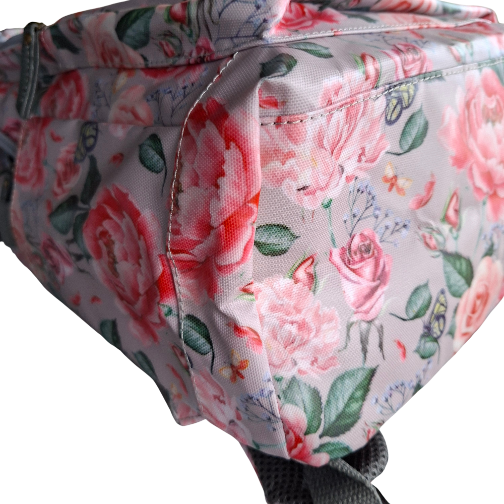 Cotton Road Backpack: PINK PVC 15.6" Laptop Backpack with Rose Print BOTTOM