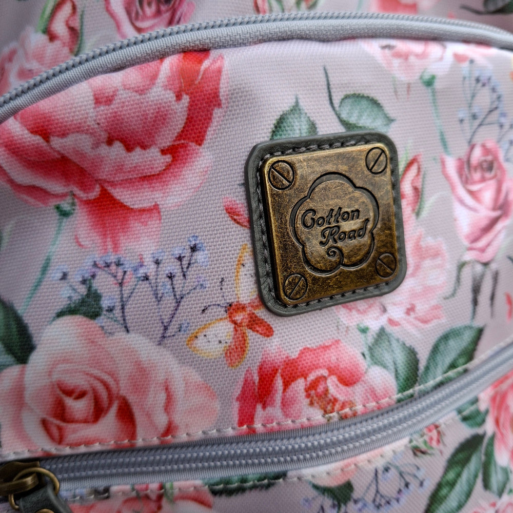 Cotton Road Backpack: PINK PVC 15.6" Laptop Backpack with Rose Print DETAIL