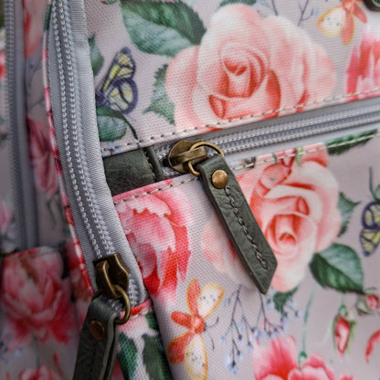 Cotton Road Backpack: PINK PVC 15.6" Laptop Backpack with Rose Print DETAILING