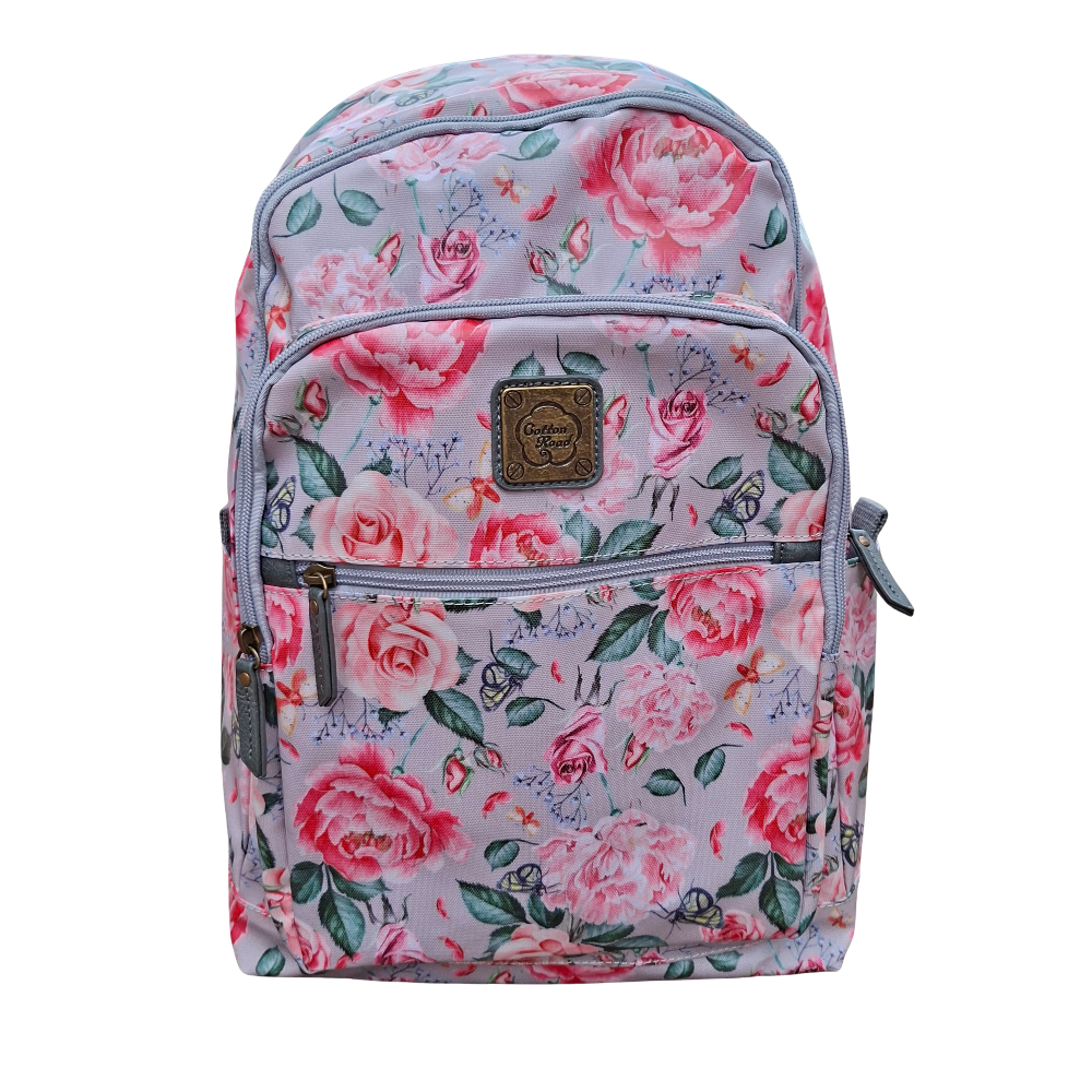 Cotton Road Backpack: PINK PVC 15.6" Laptop Backpack with Rose Print FRONT