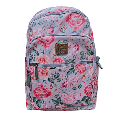Cotton Road Backpack: PINK PVC 15.6" Laptop Backpack with Rose Print FRONT