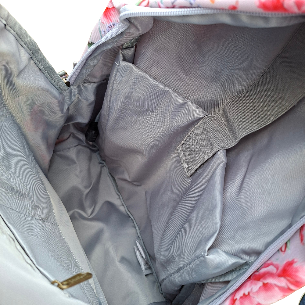Cotton Road Backpack: PINK PVC 15.6" Laptop Backpack with Rose Print INSIDE