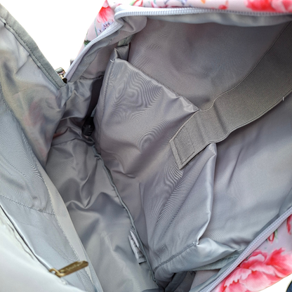 Cotton Road Backpack: PINK PVC 15.6" Laptop Backpack with Rose Print INSIDE