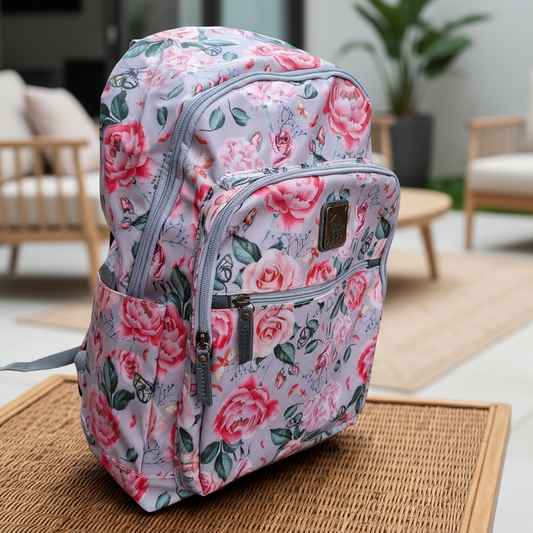 Cotton Road Backpack: PINK PVC 15.6" Laptop Backpack with Rose Print LIFESTYLE