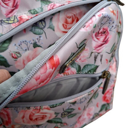 Cotton Road Backpack: PINK PVC 15.6" Laptop Backpack with Rose Print OPEN POCKET