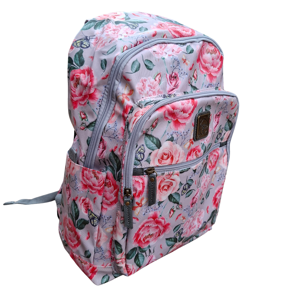 Cotton Road Backpack: PINK PVC 15.6" Laptop Backpack with Rose Print SIDE