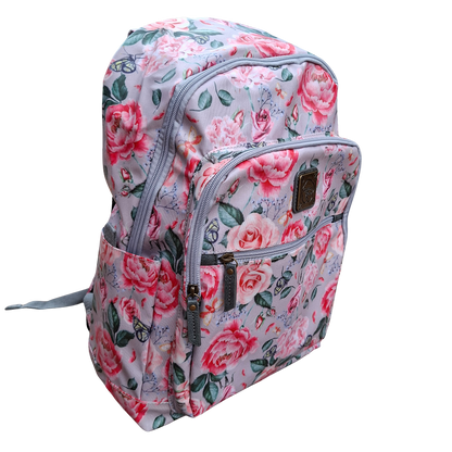 Cotton Road Backpack: PINK PVC 15.6" Laptop Backpack with Rose Print SIDE