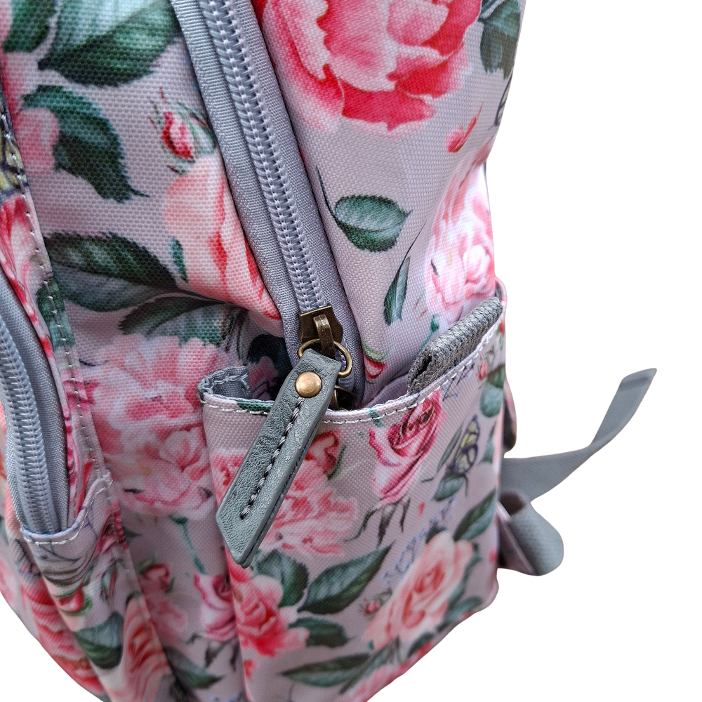 Cotton Road Backpack: PINK PVC 15.6" Laptop Backpack with Rose Print SIDE POCKETS