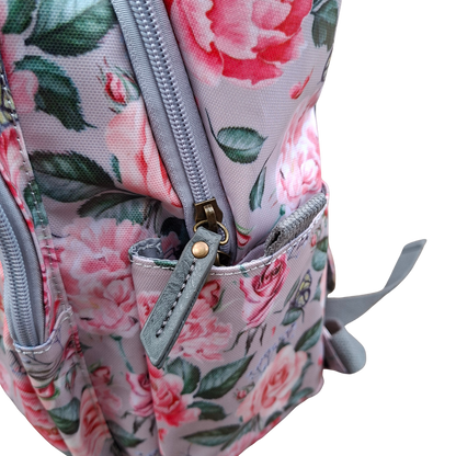Cotton Road Backpack: PINK PVC 15.6" Laptop Backpack with Rose Print SIDE POCKETS