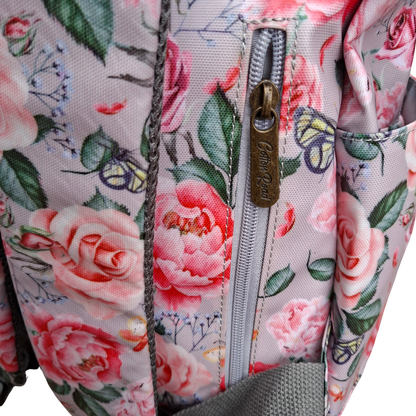 Cotton Road Backpack: PINK PVC 15.6" Laptop Backpack with Rose Print ZIP