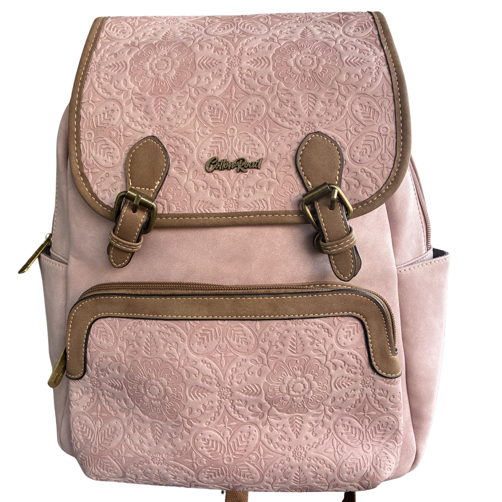 Cotton Road Backpack: PINK Suede-Style PU Leather with Embossed Print