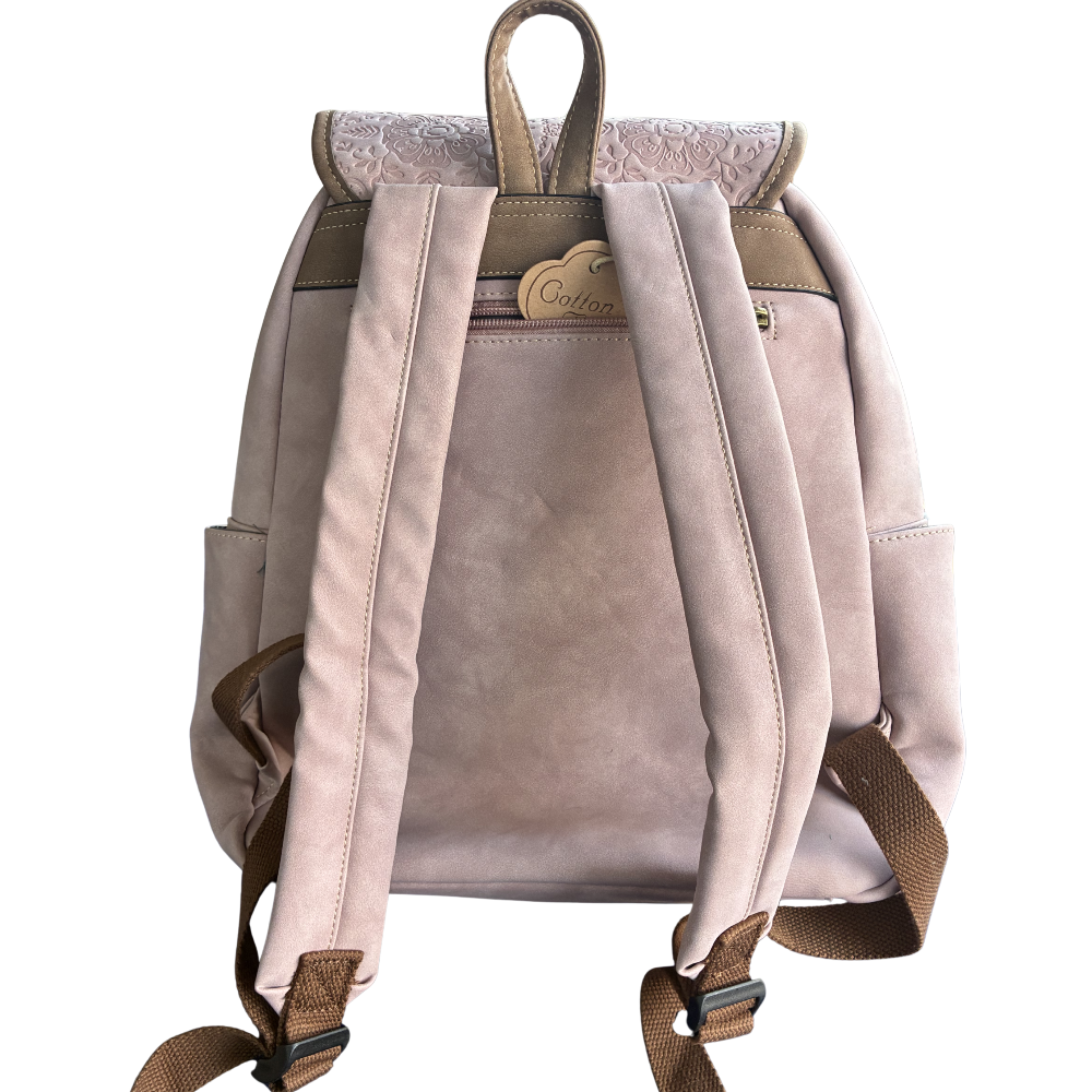 Cotton Road Backpack: PINK Suede-Style PU Leather with Embossed Print BACK