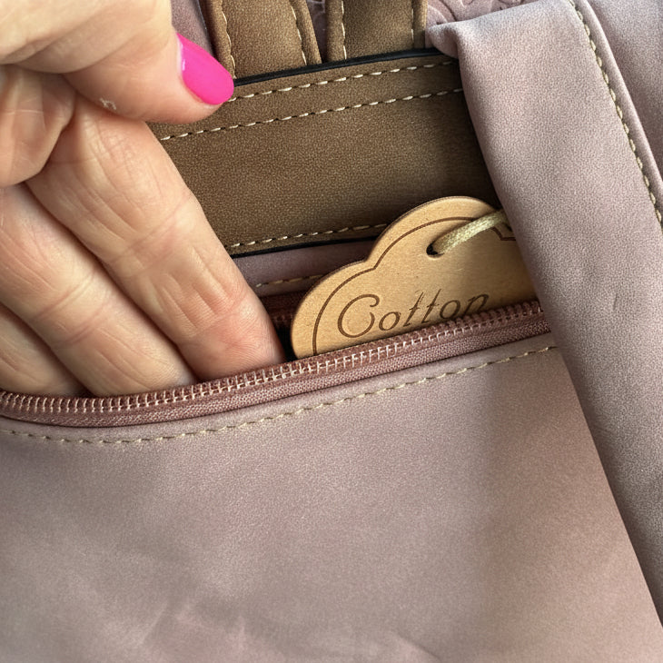Cotton Road Backpack: PINK Suede-Style PU Leather with Embossed Print BACK POCKET VIEW