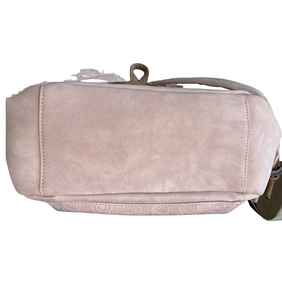 Cotton Road Backpack: PINK Suede-Style PU Leather with Embossed Print BOTTOM