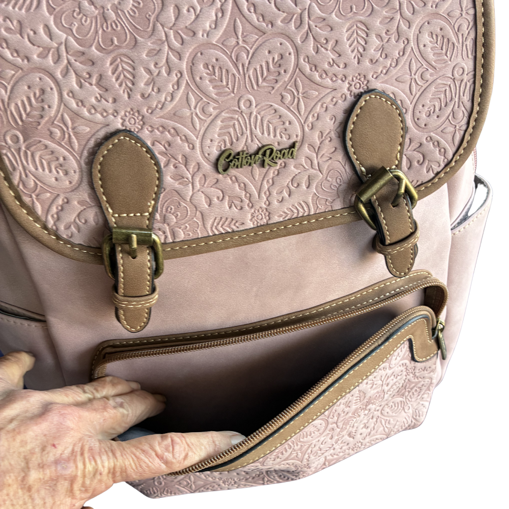 Cotton Road Backpack: PINK Suede-Style PU Leather with Embossed Print FRONT POCKET