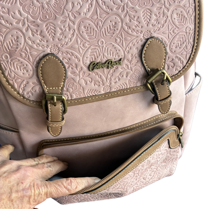 Cotton Road Backpack: PINK Suede-Style PU Leather with Embossed Print FRONT POCKET