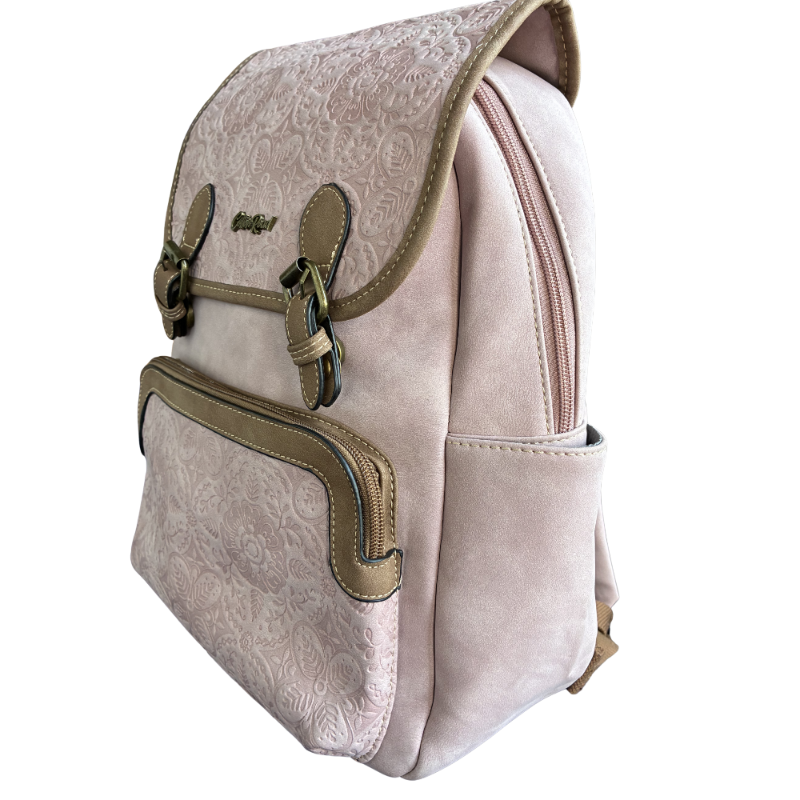 Cotton Road Backpack: PINK Suede-Style PU Leather with Embossed Print SIDE FRONT VIEW