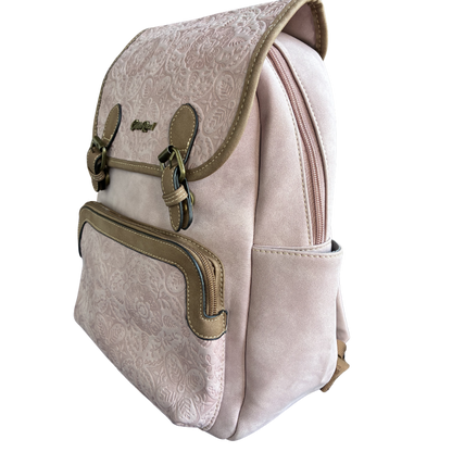 Cotton Road Backpack: PINK Suede-Style PU Leather with Embossed Print SIDE FRONT VIEW