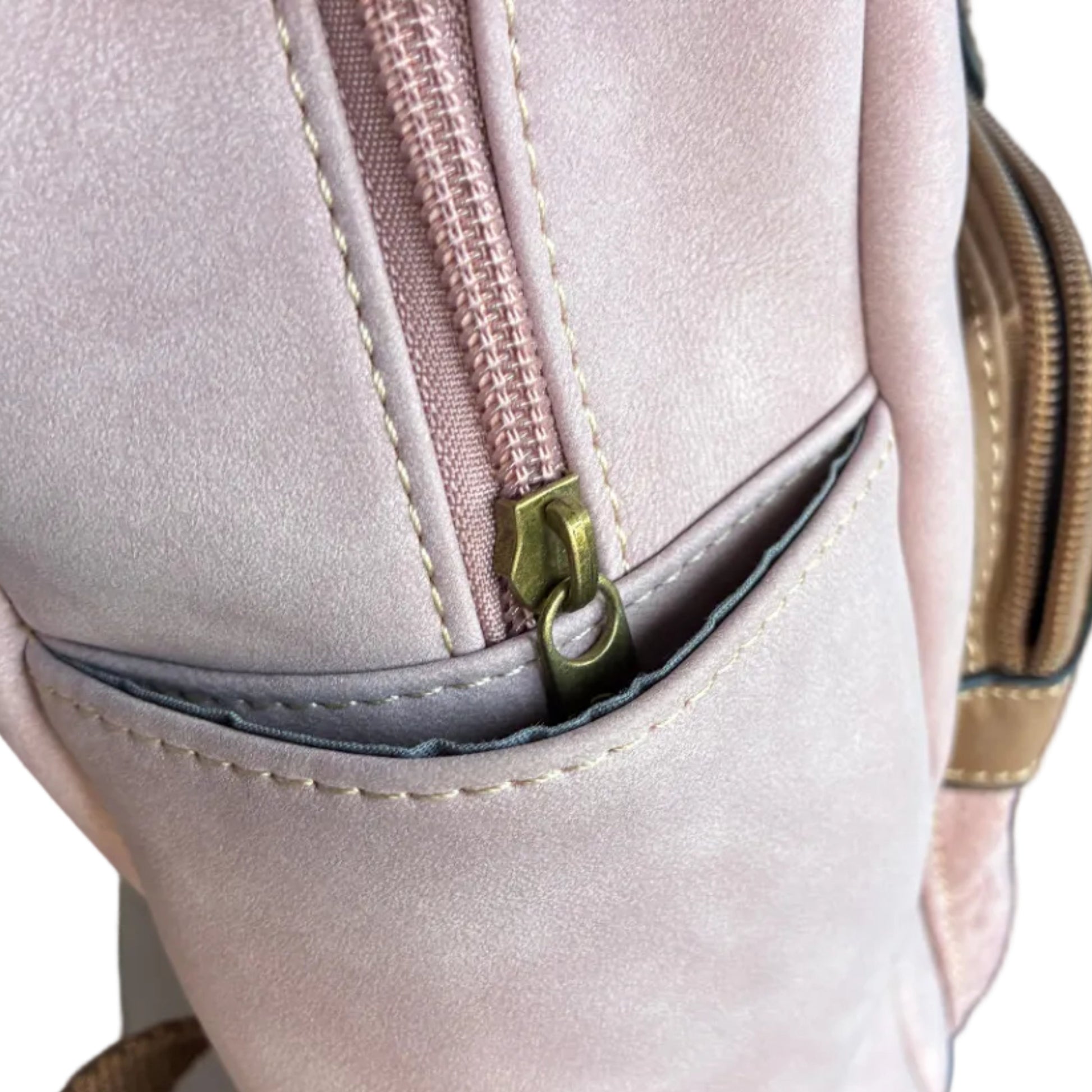 Cotton Road Backpack: PINK Suede-Style PU Leather with Embossed Print SIDE POCKET VIEW