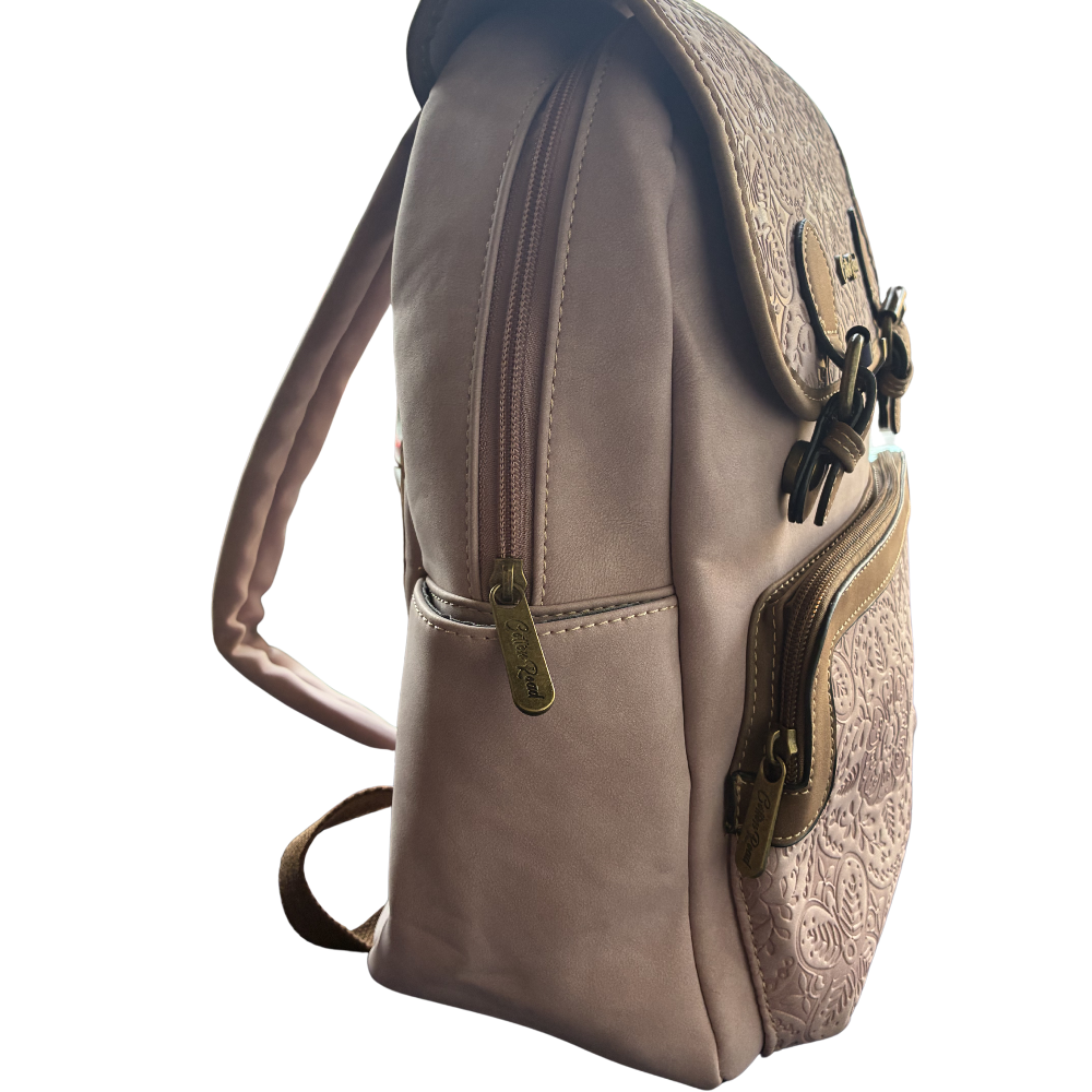 Cotton Road Backpack: PINK Suede-Style PU Leather with Embossed Print SIDE VIEW