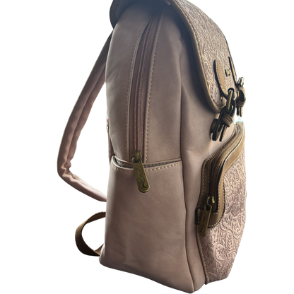 Cotton Road Backpack: PINK Suede-Style PU Leather with Embossed Print SIDE VIEW