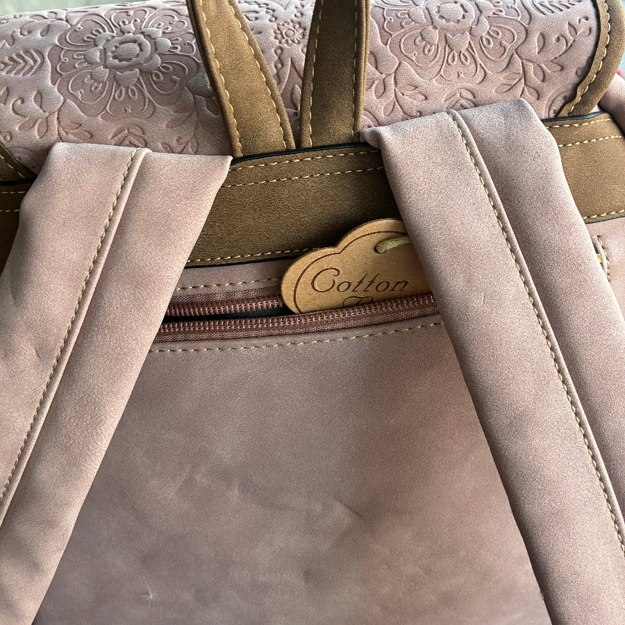 Cotton Road Backpack: PINK Suede-Style PU Leather with Embossed Print STRAP ATTACHMENT