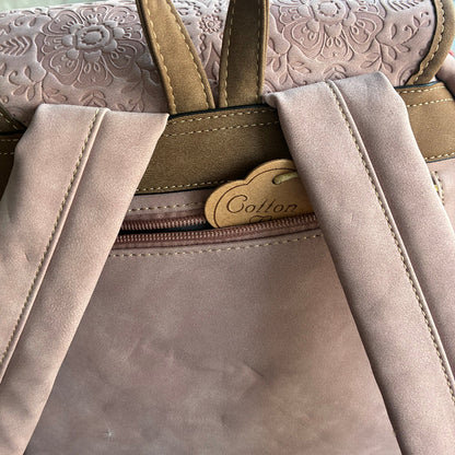 Cotton Road Backpack: PINK Suede-Style PU Leather with Embossed Print STRAP ATTACHMENT
