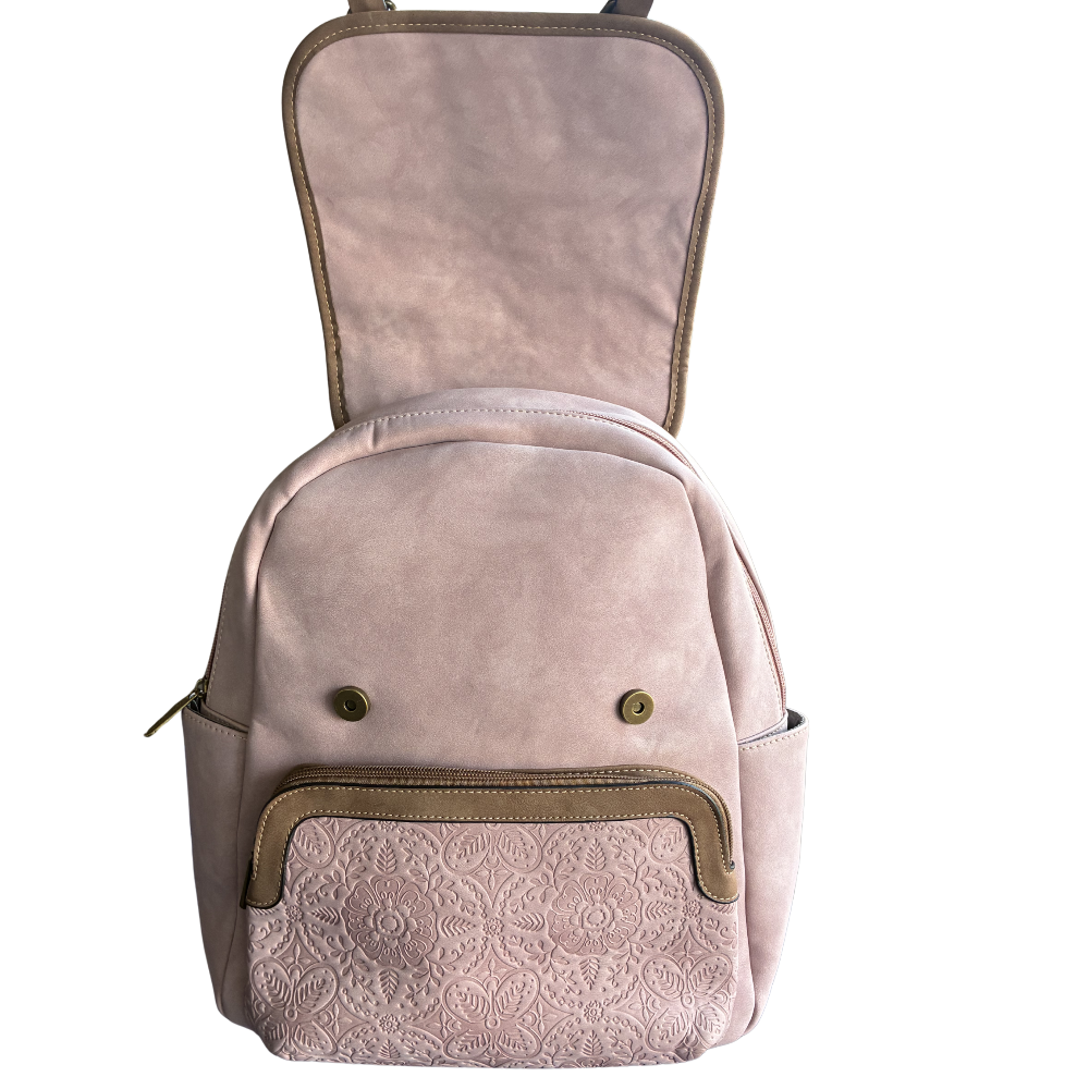 Cotton Road Backpack: PINK Suede-Style PU Leather with Embossed Print TOP FLAP OPEN
