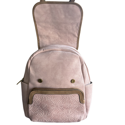 Cotton Road Backpack: PINK Suede-Style PU Leather with Embossed Print TOP FLAP OPEN
