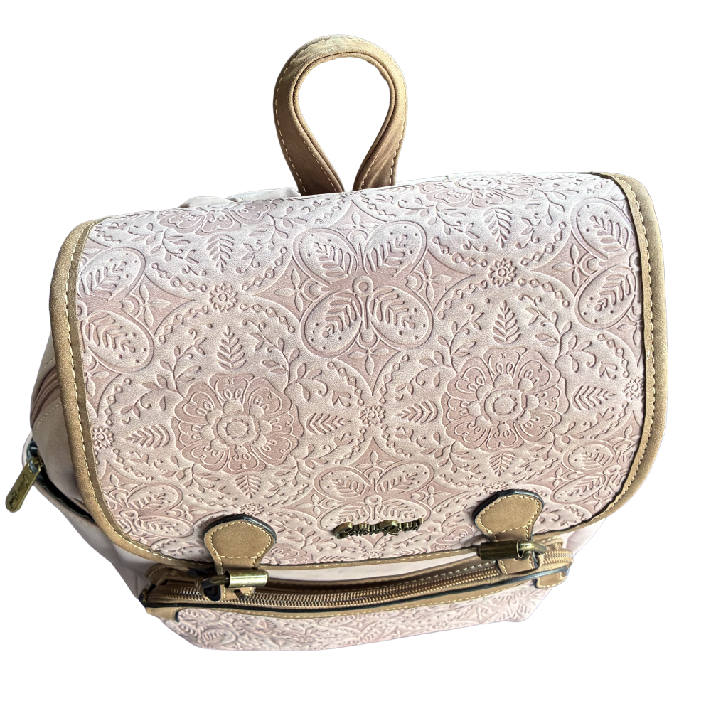 Cotton Road Backpack: PINK Suede-Style PU Leather with Embossed Print TOP VIEW