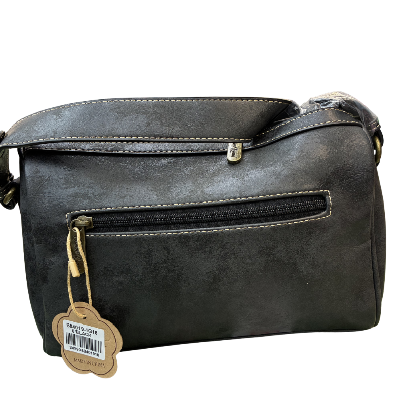 Cotton Road Barrel Sling Bag: BLACK PU Leather CROSSBODY with branded strap BACK