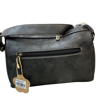 Cotton Road Barrel Sling Bag: BLACK PU Leather CROSSBODY with branded strap BACK
