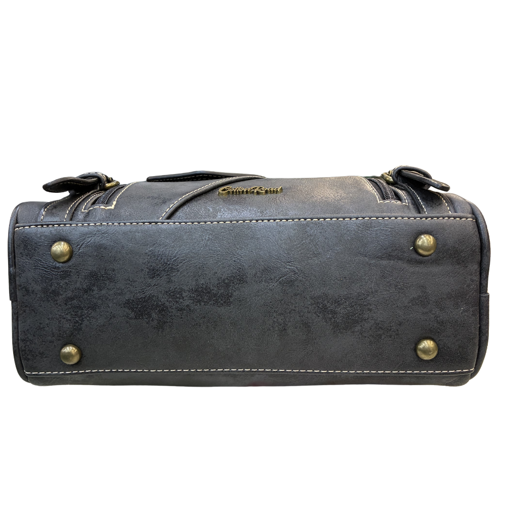 Cotton Road Barrel Sling Bag: BLACK PU Leather CROSSBODY with branded strap BOTTOM