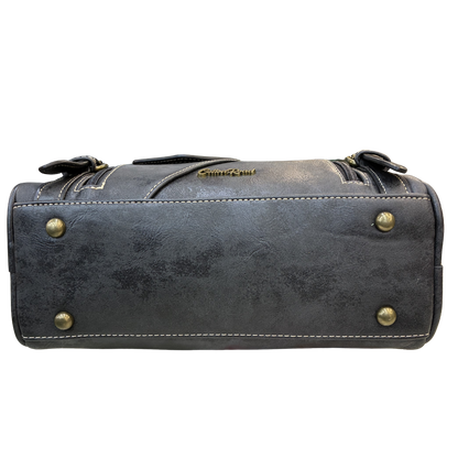 Cotton Road Barrel Sling Bag: BLACK PU Leather CROSSBODY with branded strap BOTTOM