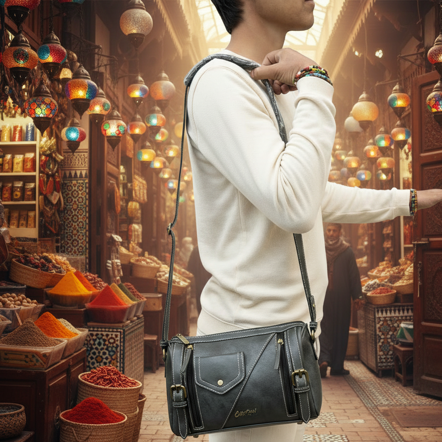 Cotton Road Barrel Sling Bag: BLACK PU Leather CROSSBODY with branded strap CARRY VIEW
