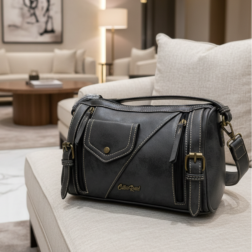Cotton Road Barrel Sling Bag: BLACK PU Leather CROSSBODY with branded strap HERO