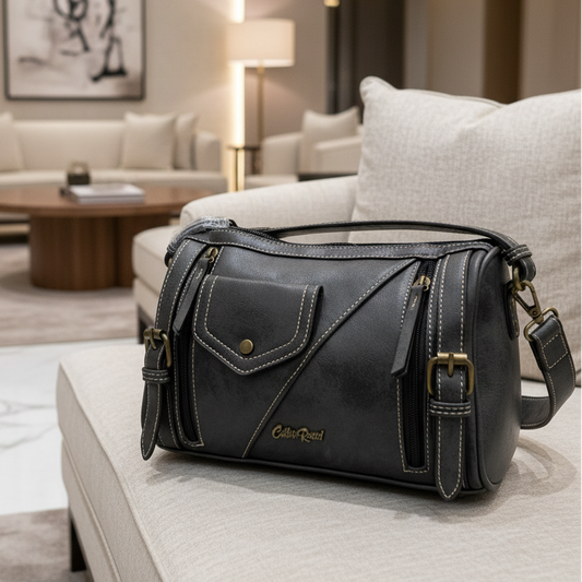 Cotton Road Barrel Sling Bag: BLACK PU Leather CROSSBODY with branded strap HERO