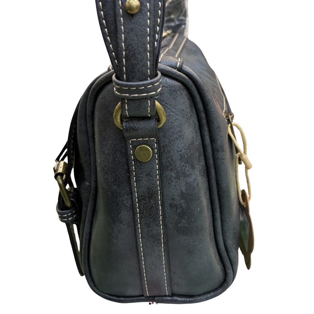 Cotton Road Barrel Sling Bag: BLACK PU Leather CROSSBODY with branded strap SIDE VIEW