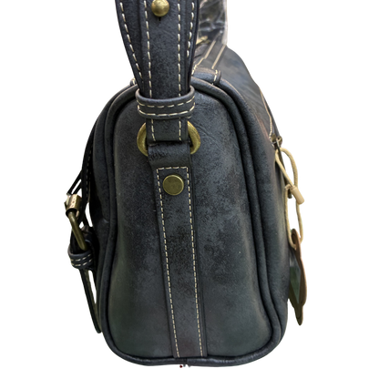 Cotton Road Barrel Sling Bag: BLACK PU Leather CROSSBODY with branded strap SIDE VIEW