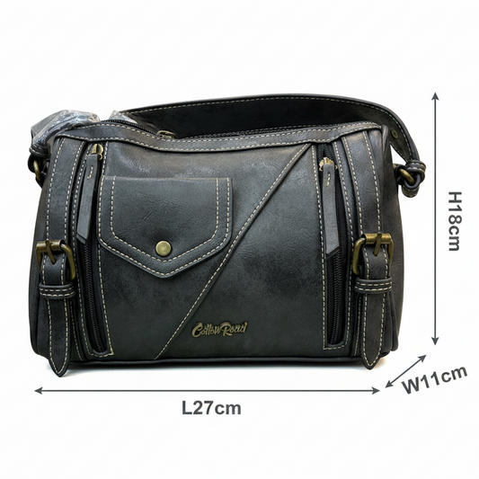 Cotton Road Barrel Sling Bag: BLACK PU Leather CROSSBODY with branded strap SIZE